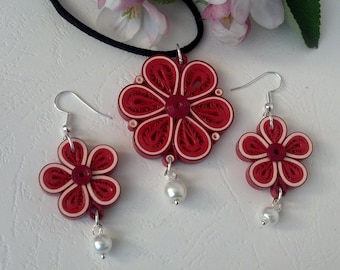 Red Flower - Quilling Jewelry - Flower jewelry - Quilling set- Paper quilling jewelry