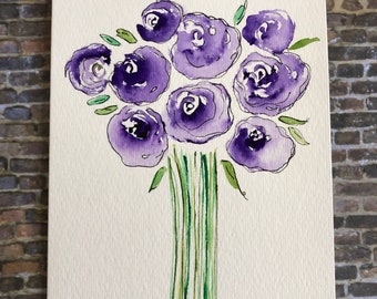 Original Watercolor Flower Card, Hand painted flower card, Homemade flower card
