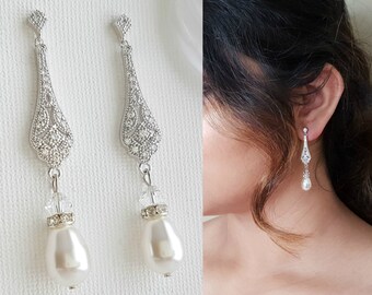 Wedding Earrings Vintage Style Art Deco Bridal Earrings Long Swarovski Pearl Drop Earrings Rose Gold Earrings For Vintage Weddings, Lisa