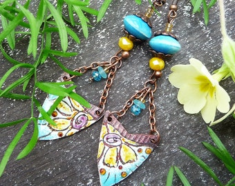 Shiela, blue and yellow ethnic earrings with enamelled copper artisan-made floral patterned charms and ceramic beads, clips available