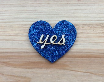 Blue Glitter "Yes" Heart Brooch