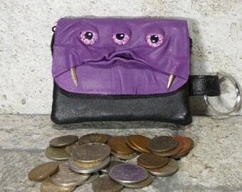 Zippered Coin Purse Purple Black Leather Change Purse Monster Face Pouch Key Ring Harry Potter Labyrinth 37