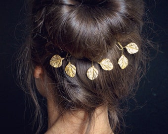 Gold leaf hair pin, set of 3 pins, leaf polymer clay, bridal hair pin, wedding hair pin, leaf bobby pin,