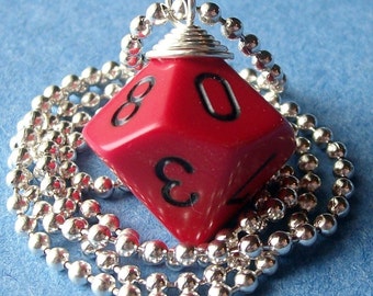 Dungeons and Dragons - D10 Die Pendant - Red with Black Numbers - Geek Gamer DnD Role Playing RPG - Paw & Claw Designs