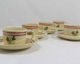 5 French coffee cups & saucers, Gien France, Gien hand painted cups, vintage coffee set, floral cups, cream coffee cups, French vintage,