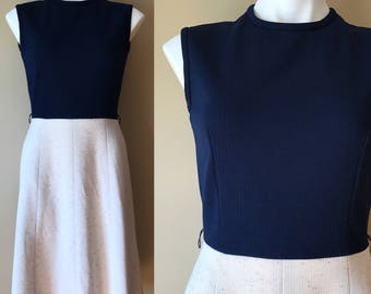 Vintage Tony Todd Sleeveless A Line Dress Navy Blue and Off White