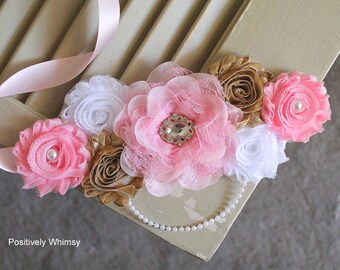Maternity Sash, Pink Maternity Sash, Maternity Belt, Belly Sash, Pregnancy Sash, Flower Sash, Baby Shower Sash, RTS, Pink Gold White