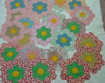 RESERVED for Retro-A-22 Vintage Quilt Blocks Grandmother's Flower Garden Plus Lots of Hexagons 1930's Prints
