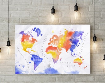 Office decor world map print watercolor world map poster wall art print