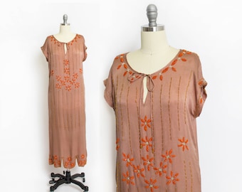 Vintage 1920s Dress - Brown Silk Floral Orange Beaded Flapper Deco - Small