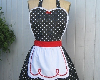RETRO APRON Lucy apron, retro apron, red black polka dot apron, womens full apron, flirty apron, hostess gift, vintage style apron