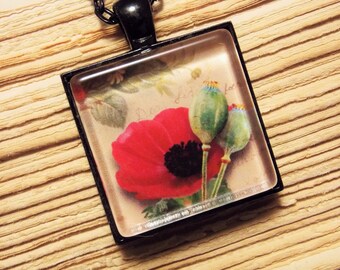 Glass Tile Necklace- Red Poppy