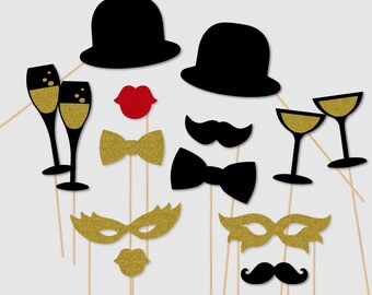 Classy Gold Glitter Photobooth Props for Masked Masquerade, Wedding, New Years, Birthday Party, Anniversary