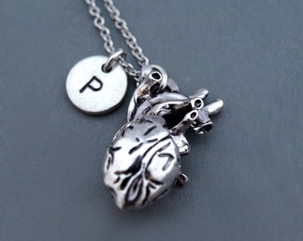 Human heart necklace, Human heart charm, Anatomy charm, Anatomy necklace, steampunk, steam punk, initial necklace, personalized, monogram