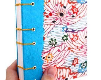 Unlined Journal - Lay Flat Journal - Blue and Red Japanese Katazome Paper - handmade by Ruth Bleakley- 160 pages