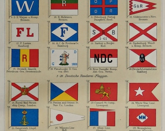 1904.Flags of Shipping Companies.Ancient Flags print.Old History print.Old print.Maritime flags.6,2x9,2" 16x25cm