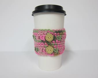 Coffee Cup Cozies, Girly Cup Cozy, Cozy Crocheted, Cozy with Buttons, Pink and Green Cozy, Pink Coffee Cozies, Pink Cup Sleeve, Travel Cozy