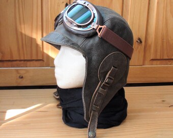 Leather Aviator Hat, Motorcycle Helmet Moto Motorbike Pilot Cap Steampunk Flying WW2 Military Goggles Leather Old Brown Color Men/Women CA02