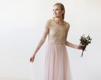 Pink Blush Wedding Dress Round Neck-Line Long Sleeves Sheer Lace and Tulle, Pink Wedding Dress, Tulle Wedding Dress 1152
