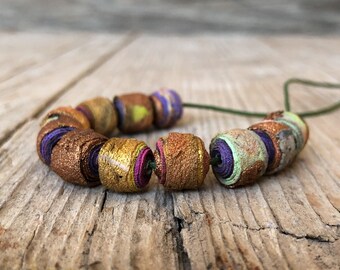 11 Handmade Fabric Beads - Fiber Art Beads - Textile Art Beads - Hippie Boho Bead - Focal Beads