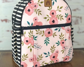 Personalized toddler backpack, floral/little girl’s/kids/child’s/cute/school/daycare backpack/pink and black stripes/handmade/unique gift