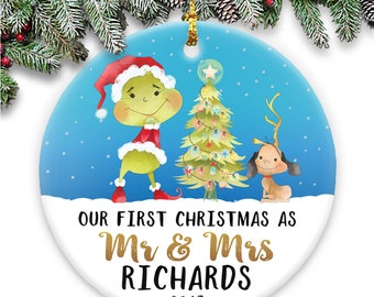 Our First Christmas as Mr. & Mrs. The Grinch and Dog Max - Personalized Couple’s Round Ceramic Ornament- Personalized with Names and Year
