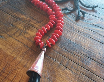 Black Leather Tassel Necklace - Long Red Coral Necklace - Copper Heart - Cowgirl Jewelry - Boho Necklace