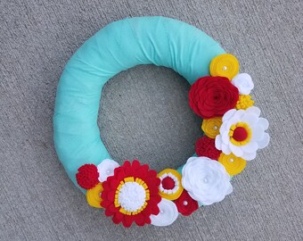 Aqua, Yellow, Red & White Fabric Wreath