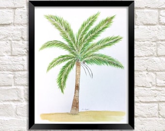 Palm tree Painting, palm illustration, Tropical painting, beach artwork, original watercolor, pen and ink, Coastal painting, Florida art