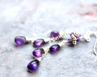 Amethyst Earrings February Birthstone Long Dangling Cascade Purple Teardrops Sterling Silver