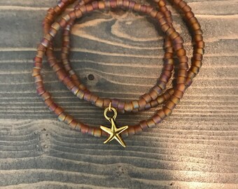 Starfish Stretch Bracelet ~ Gold Starfish ~ Bracelet Set ~ Sunset Seed Beads ~ Trio Bracelets ~ Beach Bracelet