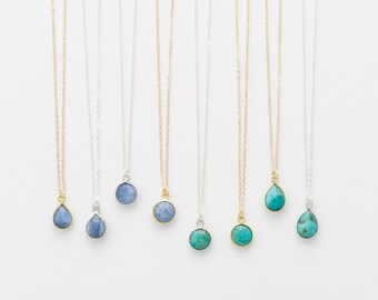 Turquoise or Blue Opal Tiny Stone Pendant Necklace • Dainty Teardrop/Circle Necklace Gift for Sisters, Friends Gifts... • LN720, LN721