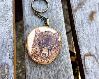 Grizzly Bear woodburned keychain,hand drawn pyrography brass key fob, nature lover, use for cabin or cottage keys, man's keychain