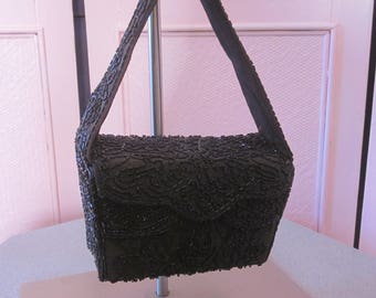 1940s Black Faille Box-Style Pocketbook Embroidered with Glass Beads
