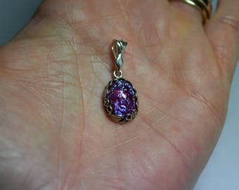 Dragons breath fire opal czech glass 14 x 10 mm set in flower leaf and vine bezel solid sterling 925 silver pendant