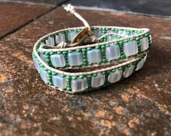 Tan Hemp and Sea Green and White Bead Double Wrap Bracelet, Wrap Bracelet, Hemp Bracelet, Beaded Bracelet, Beaded Wrap Bracelet