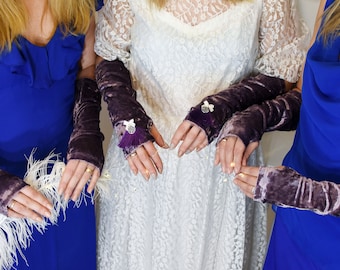 Purple fringe gloves Matching Bridesmaids Arm cuffs Velvet arm sleeves Arm warmers women Tattoo covers Wedding arm sleeves Opera gloves
