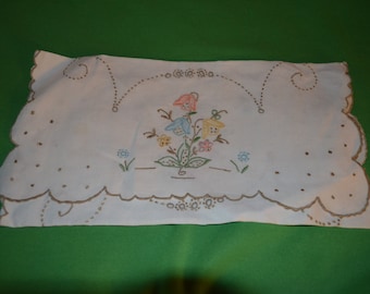 Vintage Dresser Scarf with Embroidery of Flowers and Brown Edging