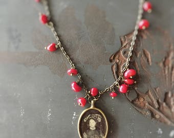 Chinese Bride Necklace with Black and White Portrait and Red Coral Dangles