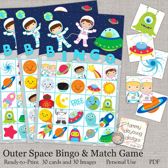 cards bingo per 6 page printable free Astronaut Printable Bingo Instant Outer Game Bingo Space