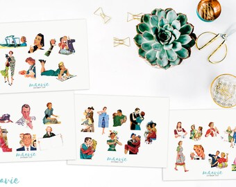 Retro women men sticker set, 4 sheets