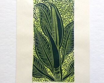 linocut - OPENING // 9x12 art print // printmaking // block print // blue // leaf // house plant // rubber plant // original art // nature