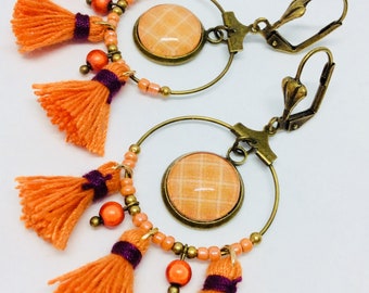 Orange gingham fabric hoop earrings