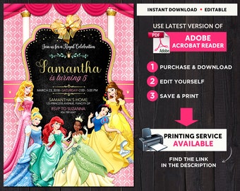 Disney Princess Invitation Template, Disney Princess Birthday Invitation Instant Download, Disney Princess Party, Girl Birthday Invitation