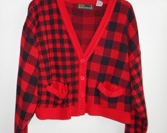 Vintage 80s Paris Sport Club red black checkered slouch cardigan sweater grunge punk preppy
