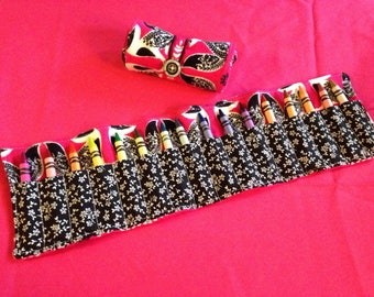 Crayon Roll Up Holder Case Foxes Handmade Holds 16 Crayons