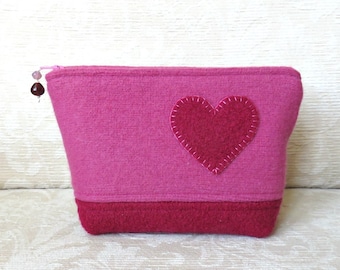 Heart Felt Zippered Pouch, Upcycled Felted Wool Sweater Clutch in Pink and Raspberry