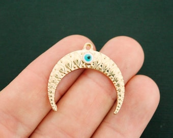 2 Crescent Moon Charms Gold Tone and Enamel Evil Eye - GC836