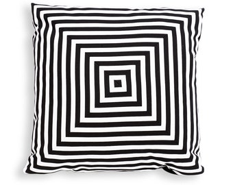 Concentric Squares Reversible Pillow Cover from Pieced Black and White Striped Cotton - Modern Décor