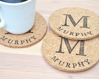 Personalized Round Cork Coasters - set of 4 circle coasters with the name, word, or basic image of your choice!